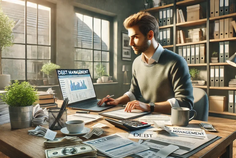 A realistic landscape image of a person managing debt and financial issues in a modern home office. The individual, looking focused and slightly