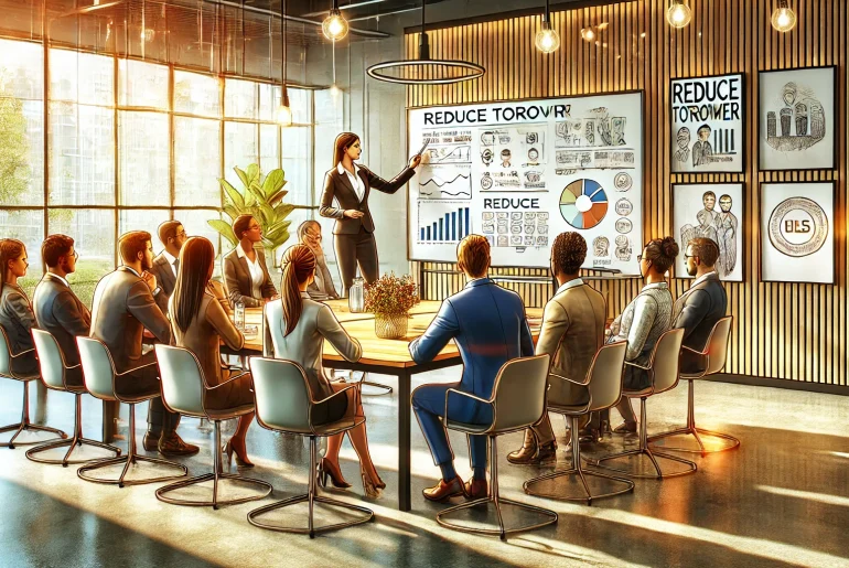 A digital painting of a business manager in a modern office setting, actively engaging with a group of diverse employees to reduce turnover.