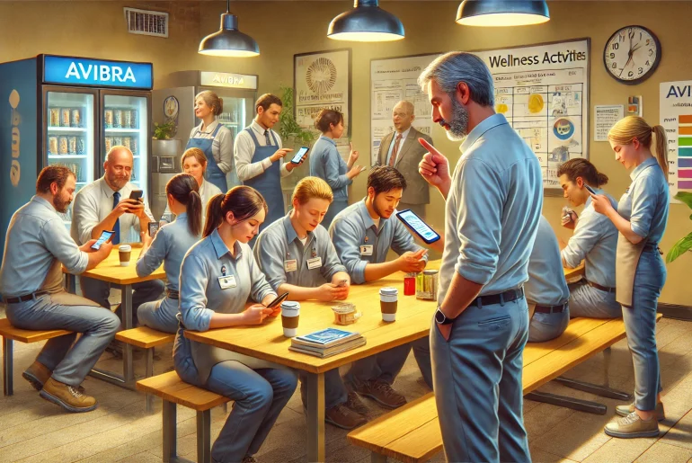 A realistic digital painting of a diverse group of hourly workers in a break room, using their smartphones to interact with the Avibra app